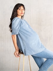 Seraphine Maternity Blue Chamgbray 100% Cotton Blouse - Imagen 2 de 4