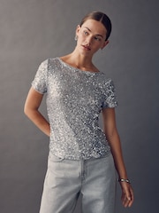Silver Short Sleeve Slash Neck Sequin T-Shirt - Image 1 of 7