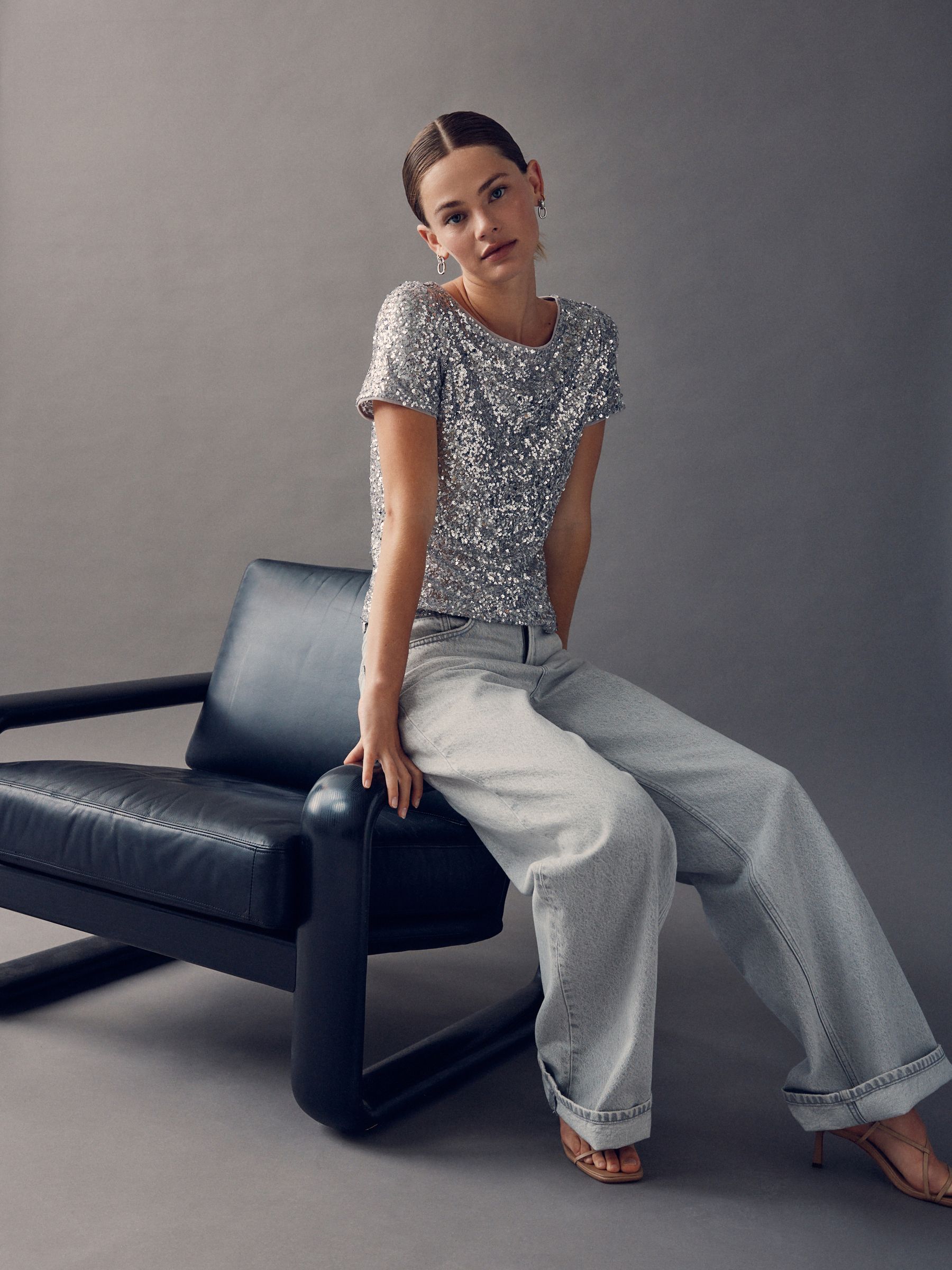 Buy Silver Short Sleeve Slash Neck Sequin T-Shirt from Next USA
