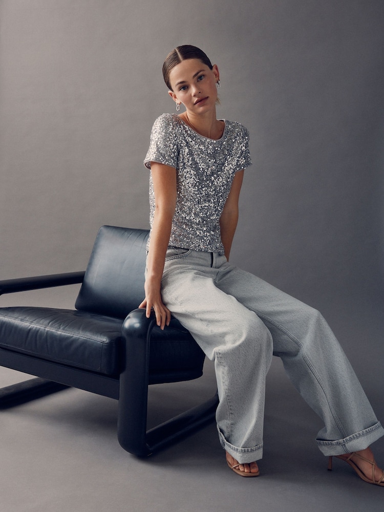 Silver Short Sleeve Slash Neck Sequin T-Shirt - Image 2 of 7
