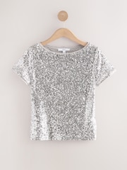 Silver Short Sleeve Slash Neck Sequin T-Shirt - Image 5 of 7