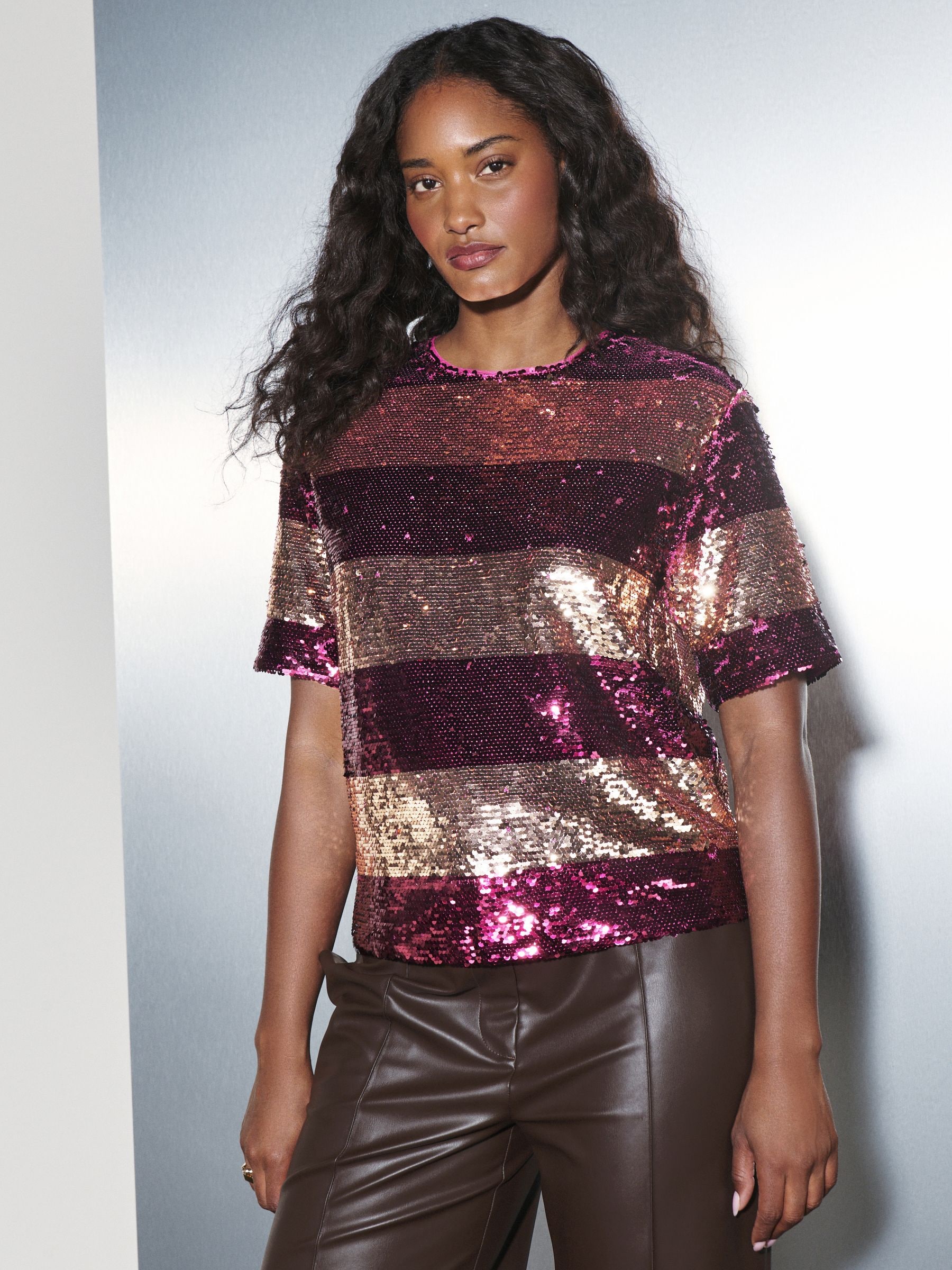 Buy Burgundy Red/Gold Stripe Sequin Boxy Crew Neck T-Shirt from