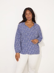 Live Unlimited Blue Curve Ditsy Shirred Raglan Sleeve Blouse - Image 1 of 4