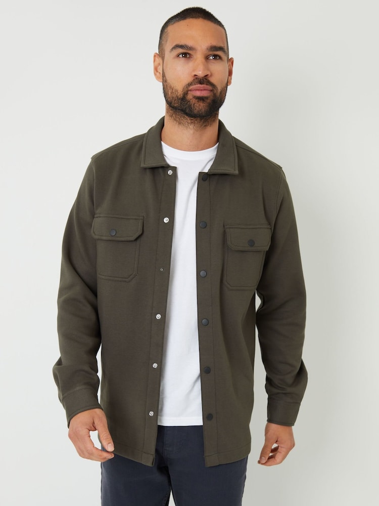 Threadbare Khaki Pique Popper Fastening Shacket - Image 1 of 5