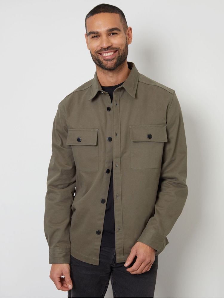 Threadbare Olive Twill Button Up 100% Cotton Shacket - Image 1 of 5