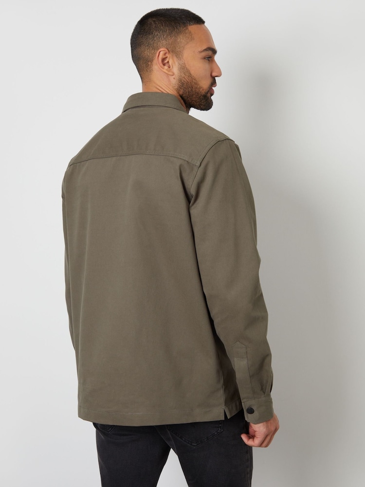 Threadbare Olive Twill Button Up 100% Cotton Shacket - Image 2 of 5