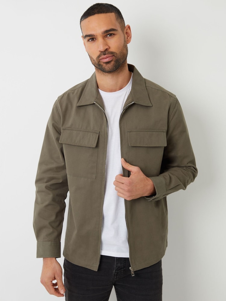 Threadbare Green 100% Cotton Twill Zip Up Shacket - Image 1 of 4