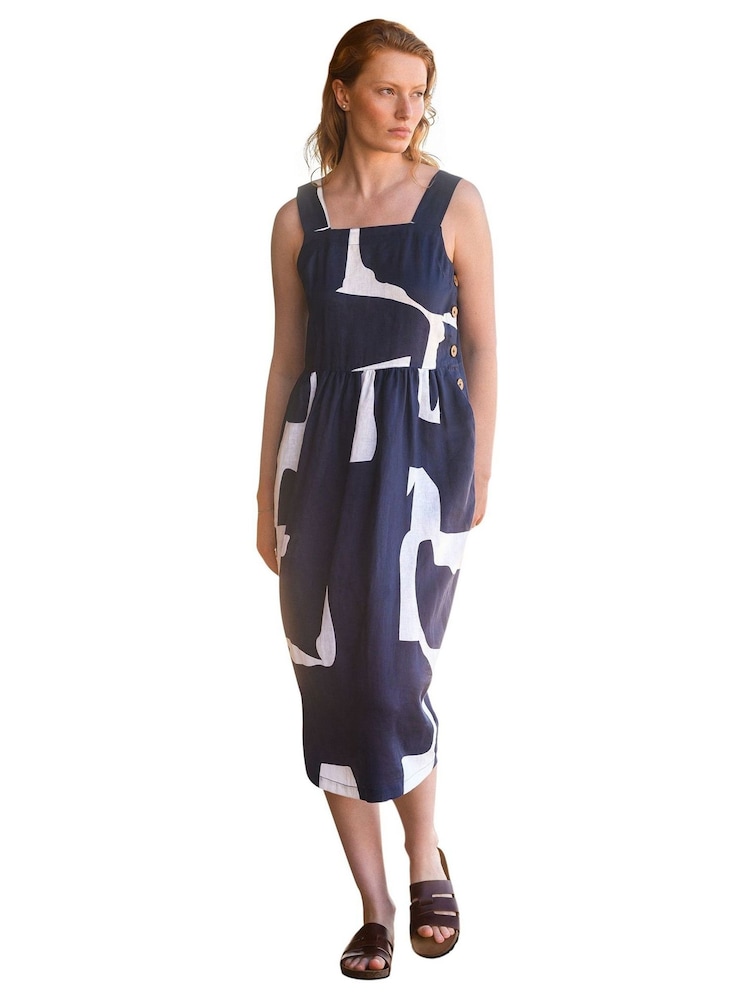 Celtic & Co. Blue Detail Sq Neck Midi 100% Linen Dress - Image 1 of 4