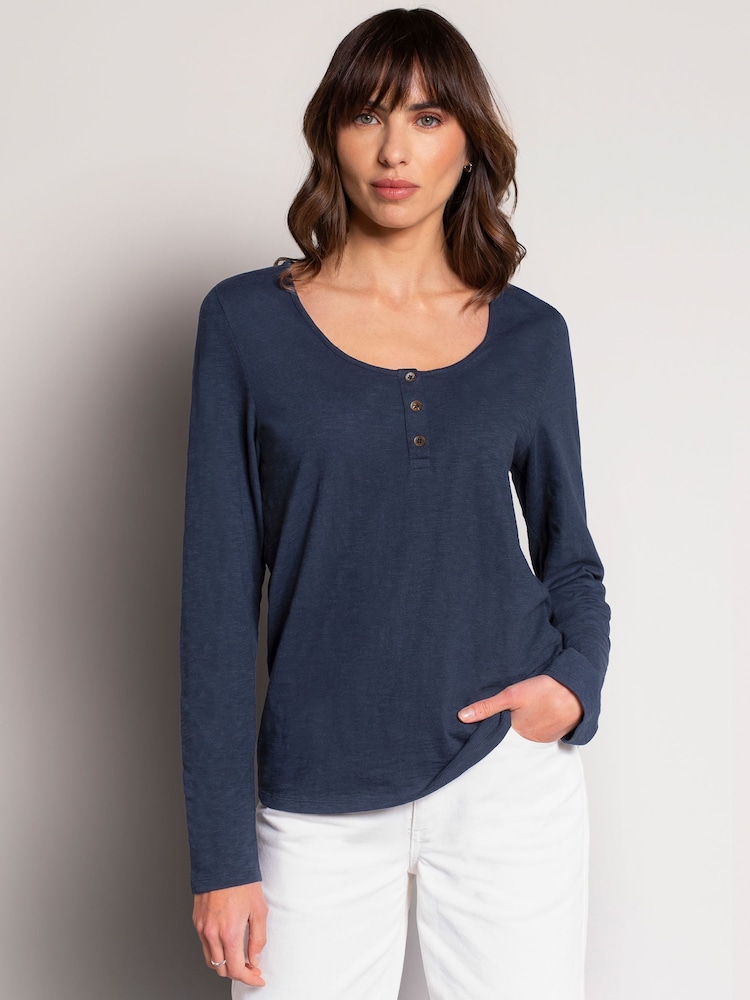 Celtic & Co. Green Slub Jersey Scoop Neck Henley 100% Cotton Top - Image 1 of 3