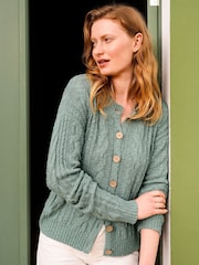 Celtic & Co. Cable Linen Blend Crew Neck Cardigan - Image 1 of 3