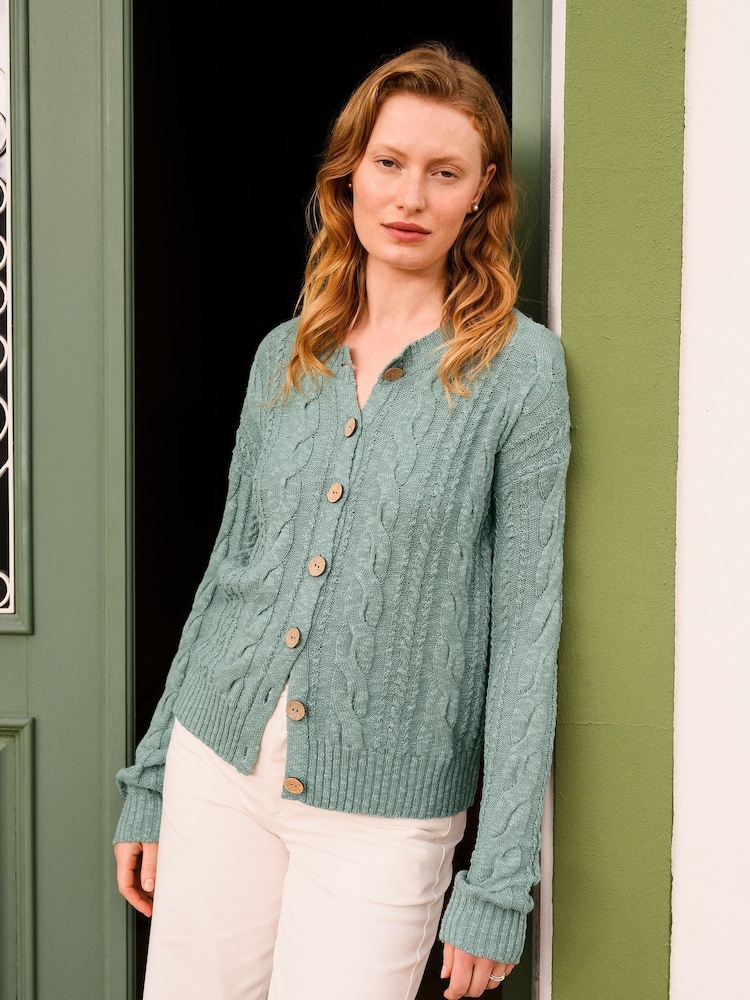 Celtic & Co. Cable Linen Blend Crew Neck Cardigan - Image 2 of 3