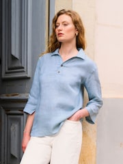 Celtic & Co. Blue 100% Linen Polo Shirt - Image 1 of 6