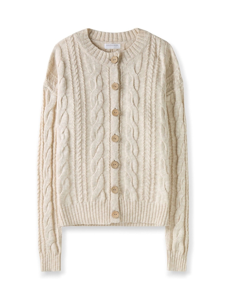 Celtic & Co. Cable Linen Blend Crew Neck Cardigan - Image 2 of 6