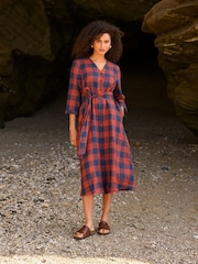 Celtic & Co. Red Chk Tie Front Midi Shirt 100% Linen Dress - Image 1 of 5