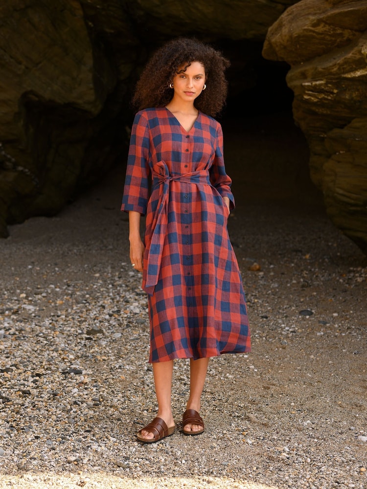 Celtic & Co. Red Chk Tie Front Midi Shirt 100% Linen Dress - Image 1 of 5