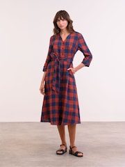 Celtic & Co. Red Chk Tie Front Midi Shirt 100% Linen Dress - Image 2 of 5