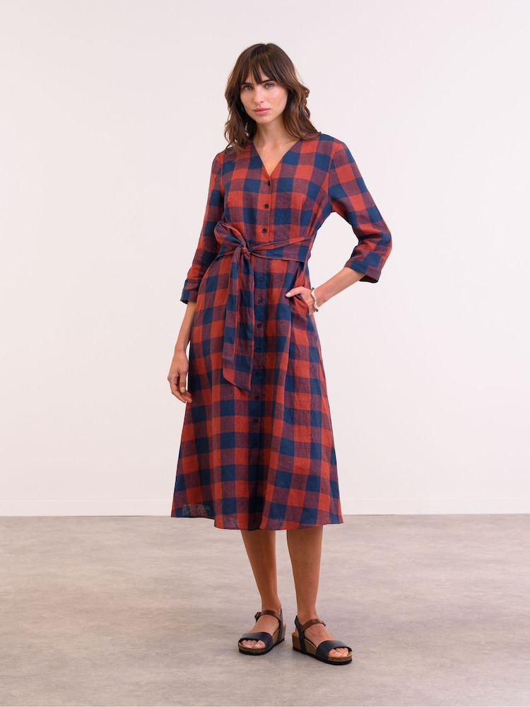 Celtic & Co. Red Chk Tie Front Midi Shirt 100% Linen Dress - Image 2 of 5