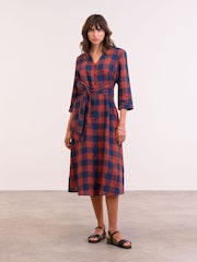 Celtic & Co. Red Chk Tie Front Midi Shirt 100% Linen Dress - Image 4 of 5