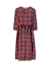 Celtic & Co. Red Chk Tie Front Midi Shirt 100% Linen Dress - Image 5 of 5