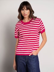 Celtic & Co. Pink Striped Knitted Crew Neck 100% Cotton T-Shirt - Image 1 of 6