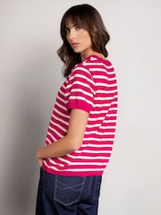 Celtic & Co. Pink Striped Knitted Crew Neck 100% Cotton T-Shirt - Image 2 of 6
