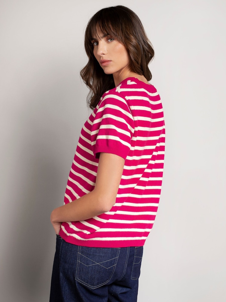 Celtic & Co. Pink Striped Knitted Crew Neck 100% Cotton T-Shirt - Image 2 of 6 Celtic & Co. Pink Striped Knitted Crew Neck 100% Cotton T-Shirt - Image 2 of 6