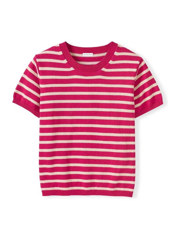 Celtic & Co. Pink Striped Knitted Crew Neck 100% Cotton T-Shirt - Image 5 of 6