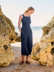 Celtic & Co. Blue Square Neck Sleeveless 100% Linen Jumpsuit - Image 1 of 4