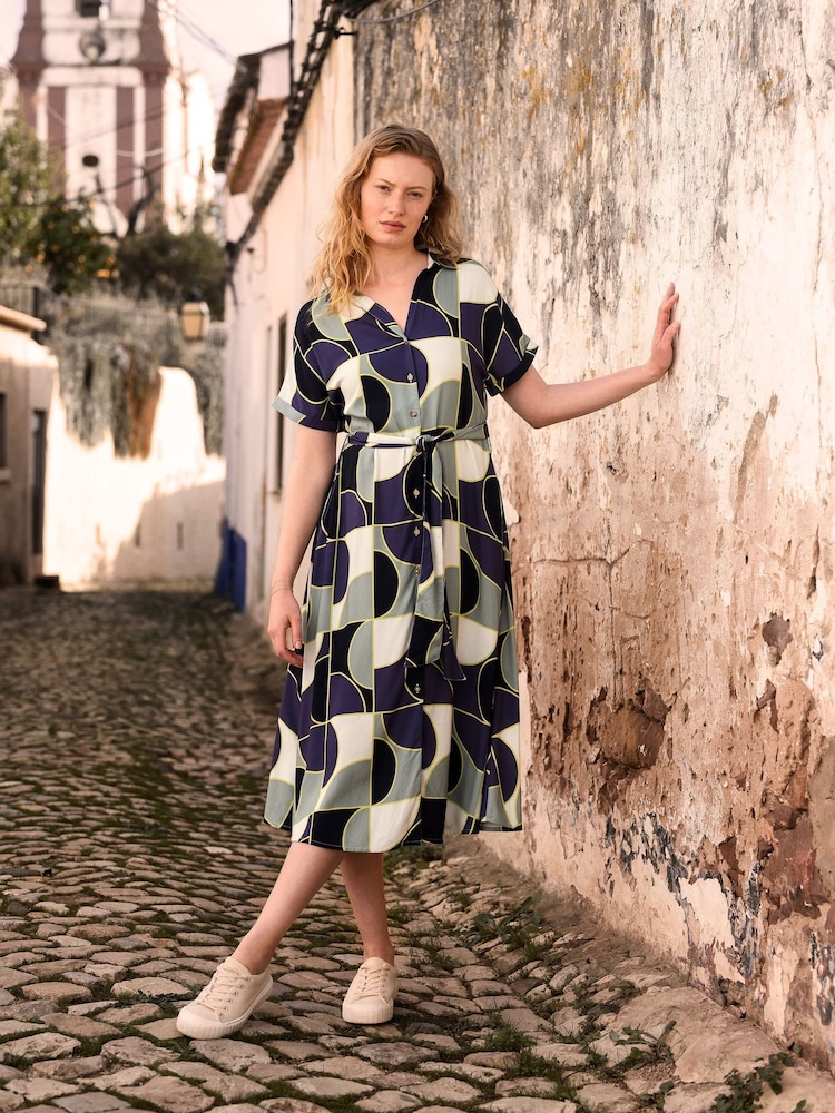 Celtic & Co. Blue Grown On Sleeve Midi Shirt 100% Linen Dress - Image 2 of 3