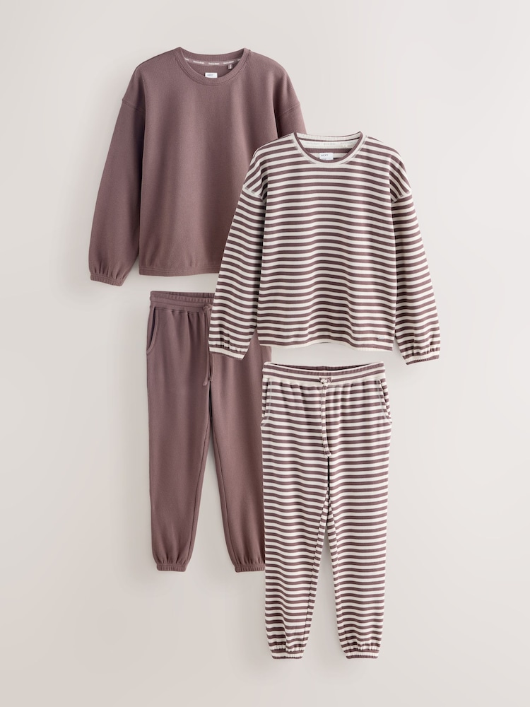 Mocha Brown Stripe Cosy Waffle Long Sleve Pyjamas 2 Pack - Image 1 of 12