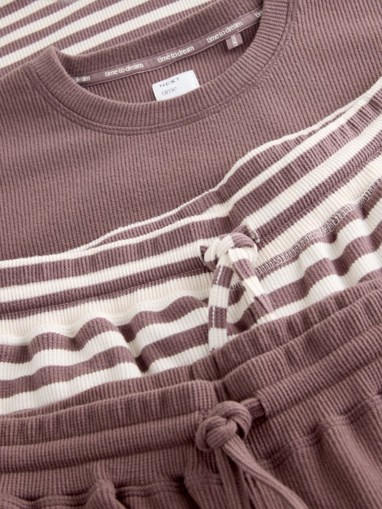 Mocha Brown Stripe Cosy Waffle Long Sleve Pyjamas 2 Pack - Image 12 of 12