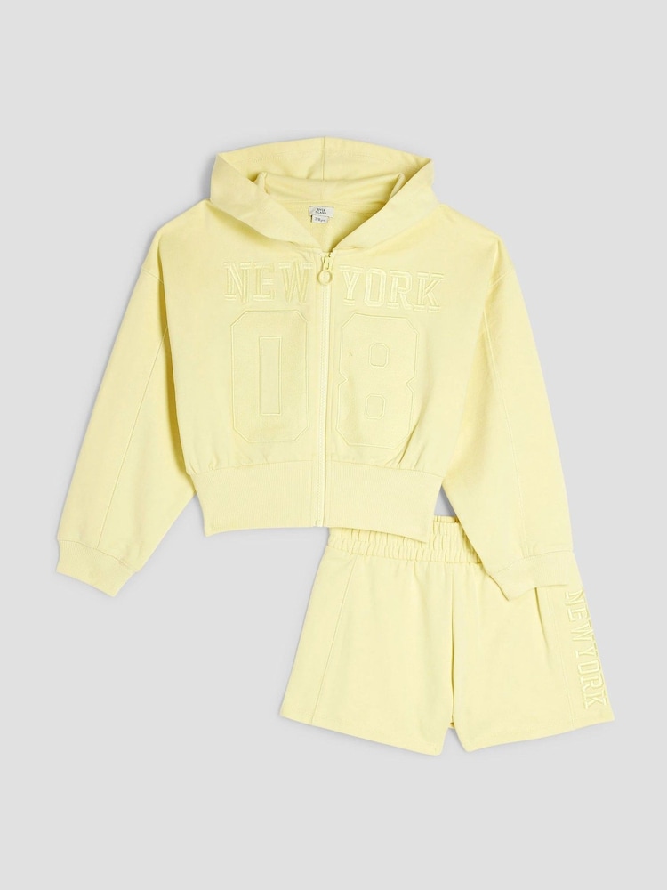 River Island Yellow Girls 100% Cotton Zip Hoodie and Shorts Set - Image 1 of 5