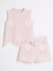 River Island Pink Girls Lace Top and Shorts Set - Image 1 of 5