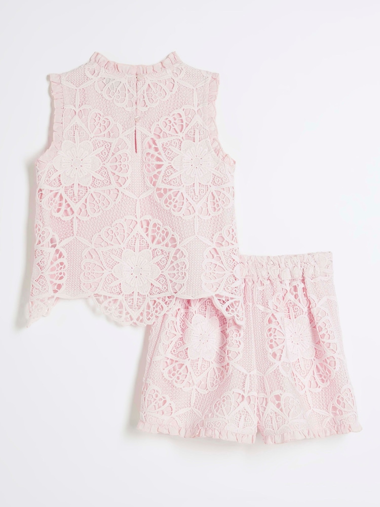 River Island Pink Girls Lace Top and Shorts Set - Image 2 of 5 River Island Pink Girls Lace Top and Shorts Set - Image 2 of 5