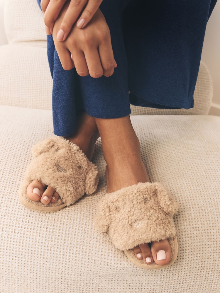 Brown Cockapoo Faux Fur Slider Slippers - Image 1 of 8