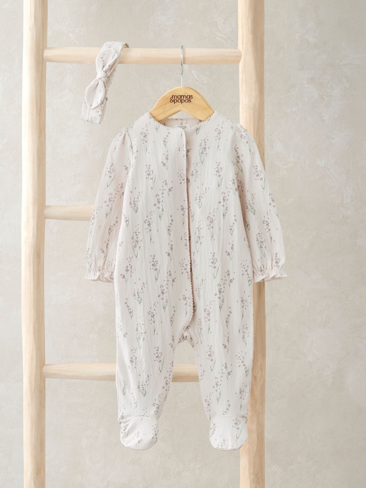 Mamas & Papas Cream Lavender Print Sleepsuit & Headband Set - Image 1 of 4