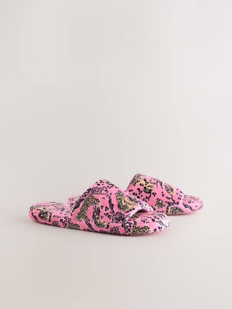Pink Leopard Plush Slider Slippers - Image 2 of 5
