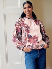 Floral vermelho/rosa - Ruffle High Neck Satin Long Sleeve Blouse - Imagem 2 de 8