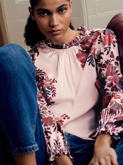 Floral vermelho/rosa - Ruffle High Neck Satin Long Sleeve Blouse - Imagem 3 de 8