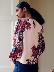 Floral vermelho/rosa - Ruffle High Neck Satin Long Sleeve Blouse - Imagem 4 de 8