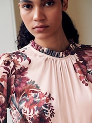 Floral vermelho/rosa - Ruffle High Neck Satin Long Sleeve Blouse - Imagem 5 de 8