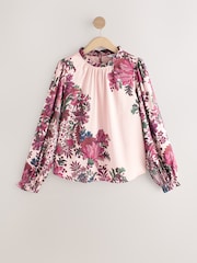 Floral vermelho/rosa - Ruffle High Neck Satin Long Sleeve Blouse - Imagem 6 de 8
