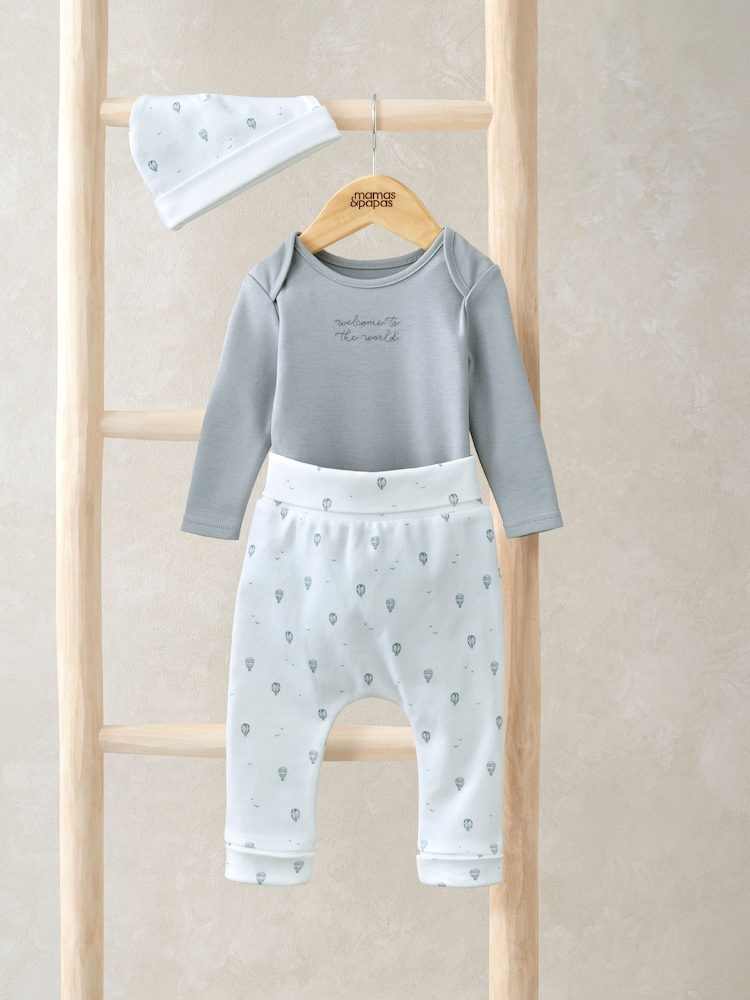 Conjunto de sombrero, leggings y bodi con diseño de globo aerostático en azul de Mamas & Papas - Imagen 1 de 5