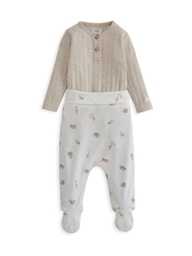 Mamas & Papas Cream 100% Cotton Rib Bodysuit and Safari Print Leggings Set - Imagen 2 de 4