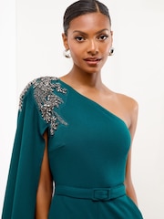 Lipsy Teal Blue Petite Embellished Cape One Shoulder Jumpsuit - Image 3 of 4