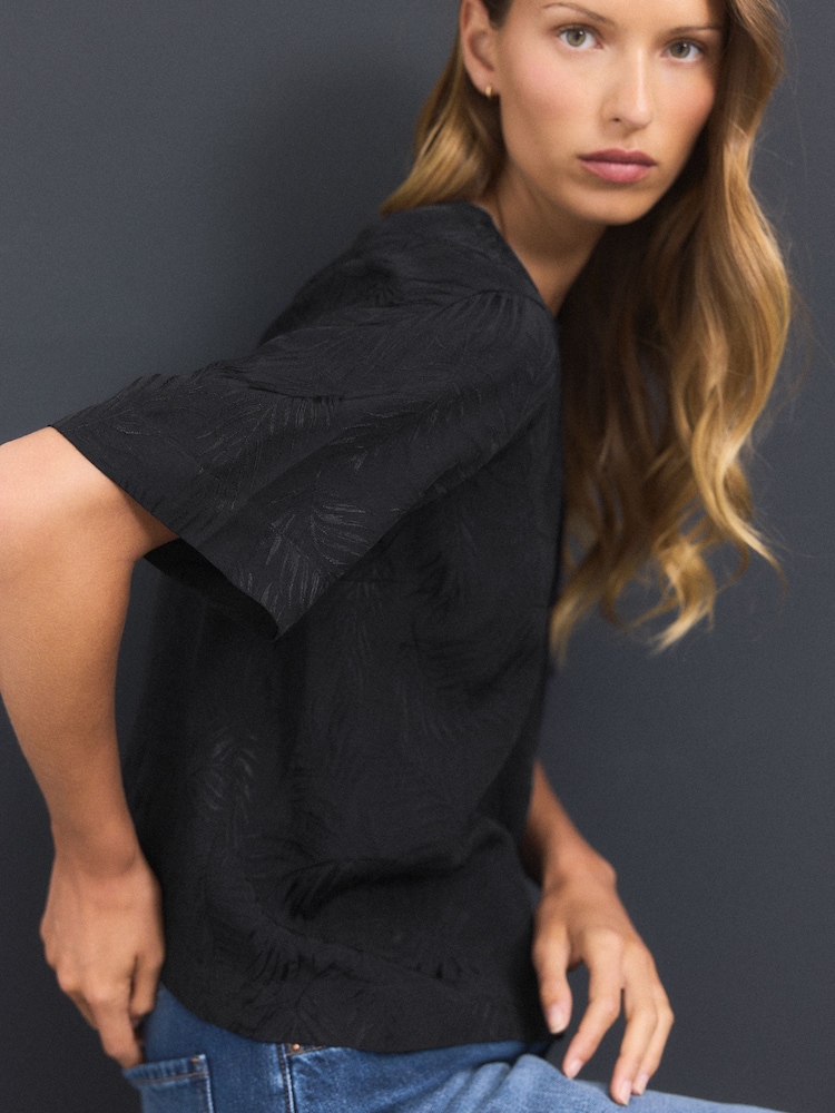 Black Short Sleeve Leaf Jacquard Satin Boxy T-Shirt - Image 1 of 6