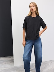 Black Short Sleeve Leaf Jacquard Satin Boxy T-Shirt - Image 2 of 6