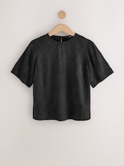 Black Short Sleeve Leaf Jacquard Satin Boxy T-Shirt - Image 4 of 6