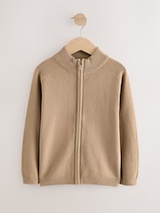 Tan Brown Zip Through Knitted Cardigan (3-16yrs) - Image 1 of 4
