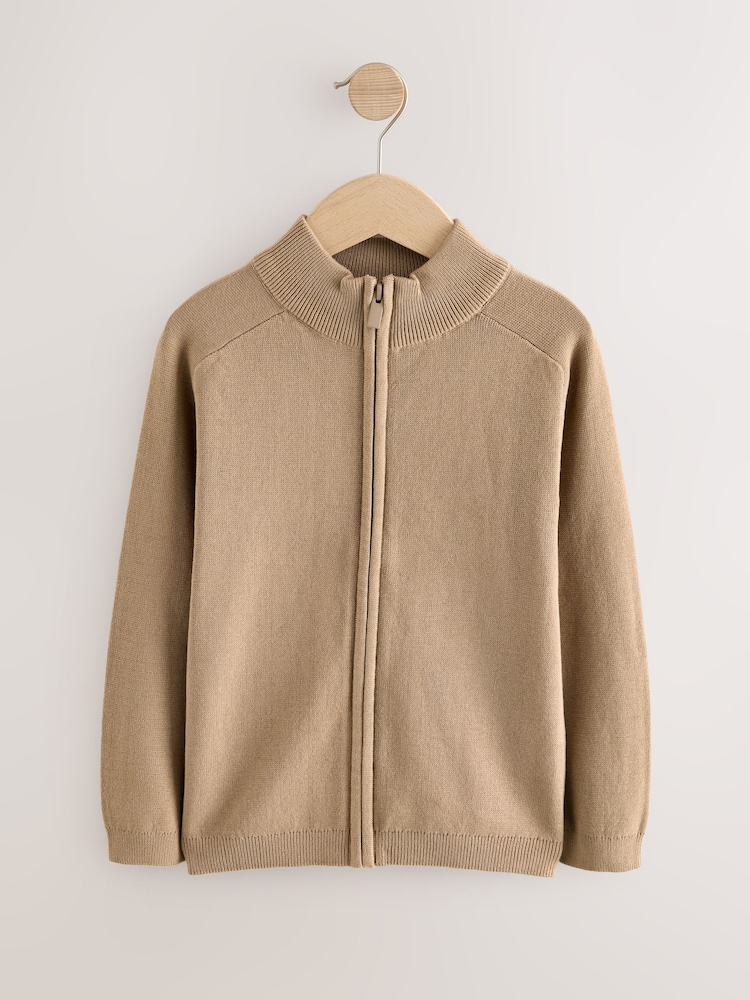Tan Brown Zip Through Knitted Cardigan (3-16yrs) - Image 1 of 4